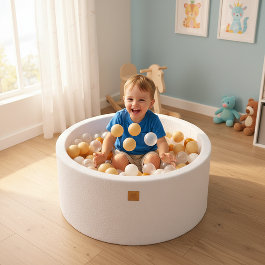 Ball Pit with 300 Gold/Beige/White/Transparent balls - White Boucle