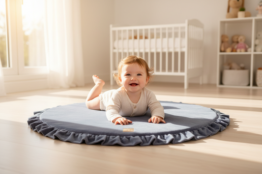 Round Play Mat With a Frill - Blue/Grey Velvet