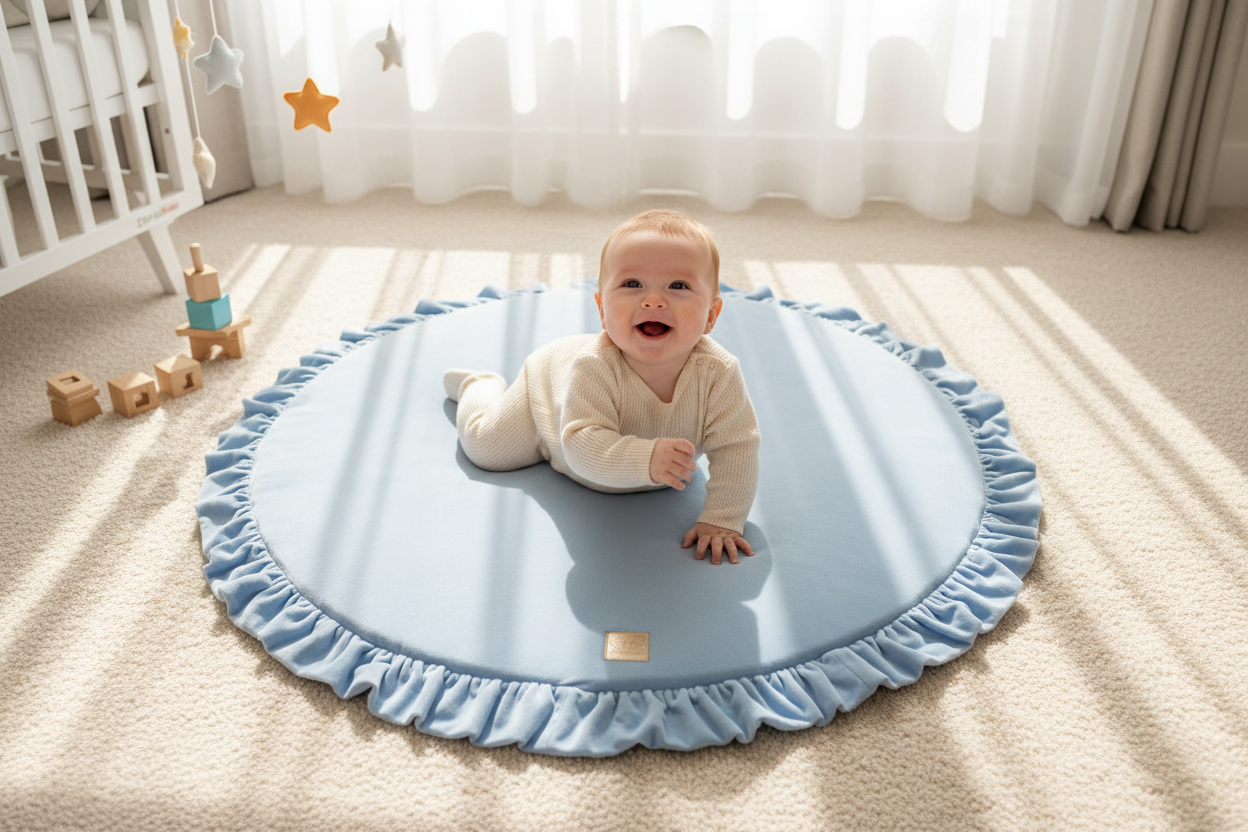 Round Play Mat With a Frill - Baby Blue Velvet