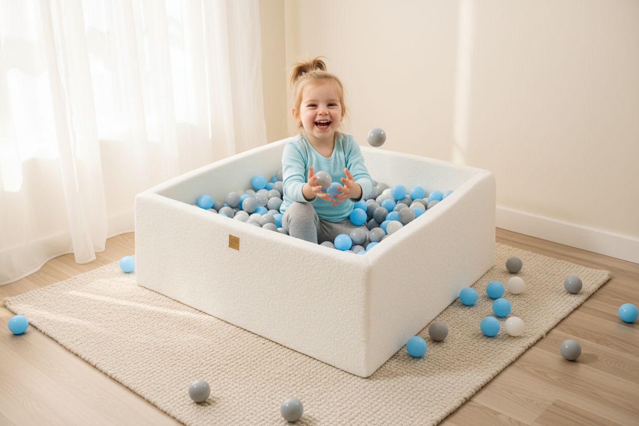 Boucle White Square Ball Pit - 400 Grey/Blue/White Balls