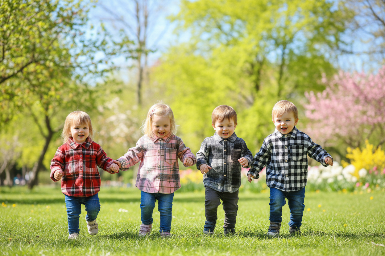 Collection of plaid shirts on a white surface with decorative items around.