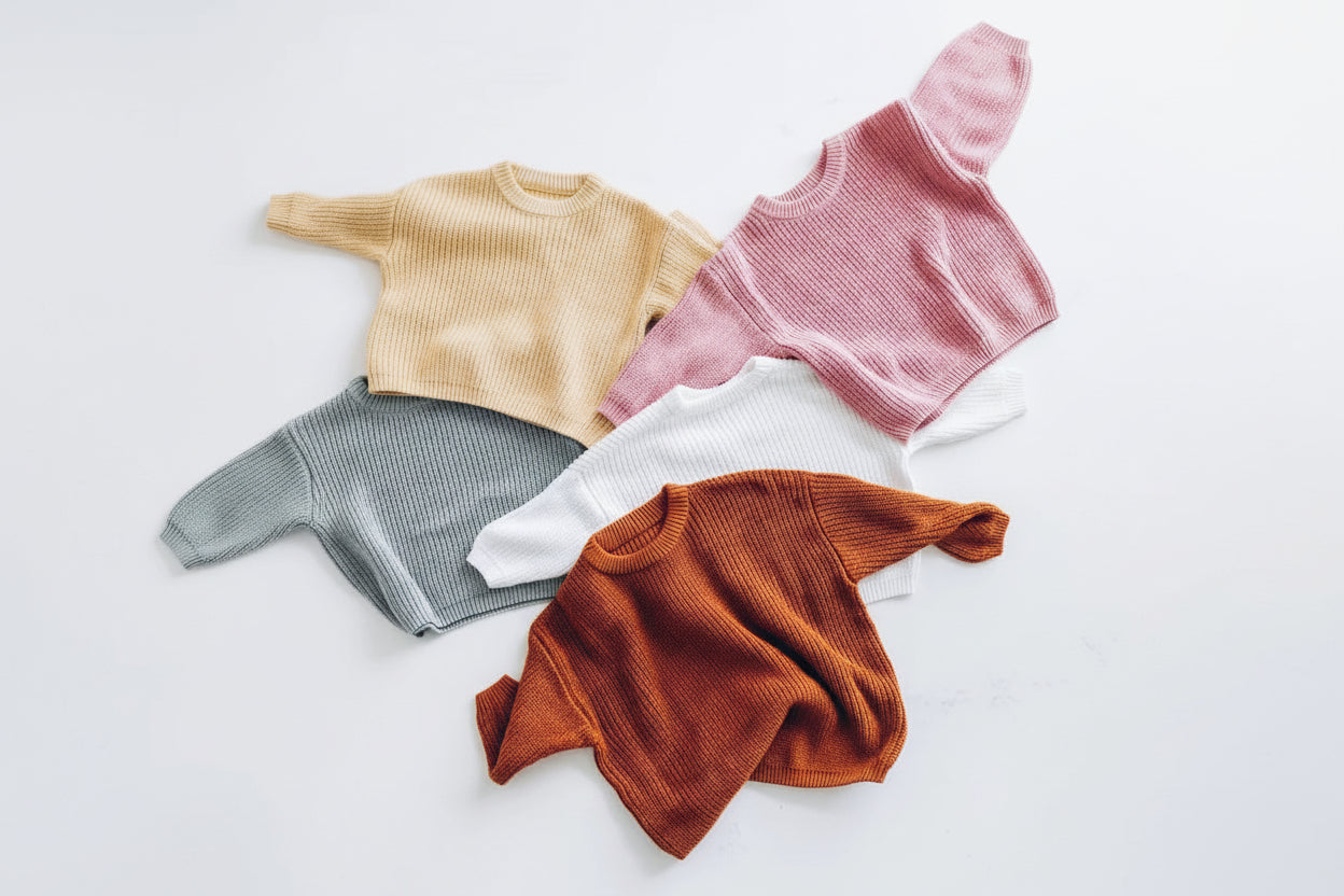Four folded sweaters in different colors on a white background