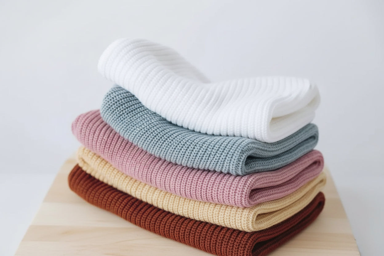 Stack of folded knitted sweaters in white, blue, pink, and brown on a light background. 