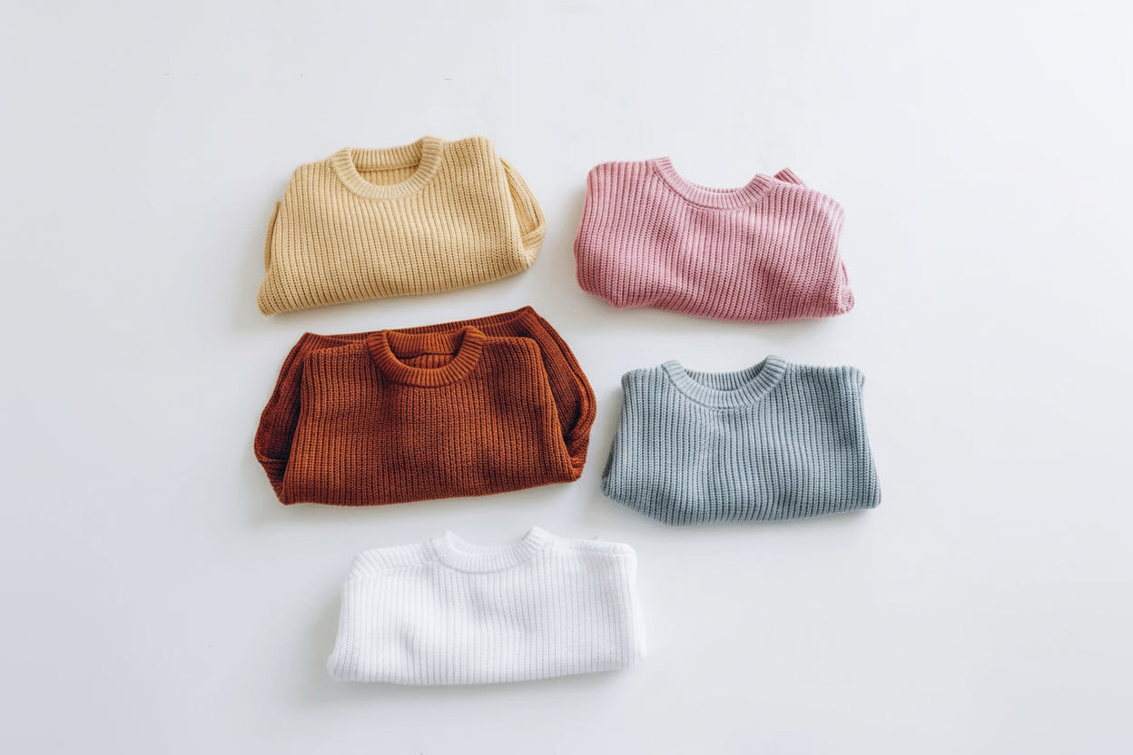 Five folded sweaters in different colors on a light background
