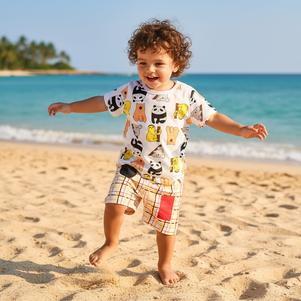 Children's outfit with cartoon-patterned shirt and plaid shorts on a hanger against a dark background.