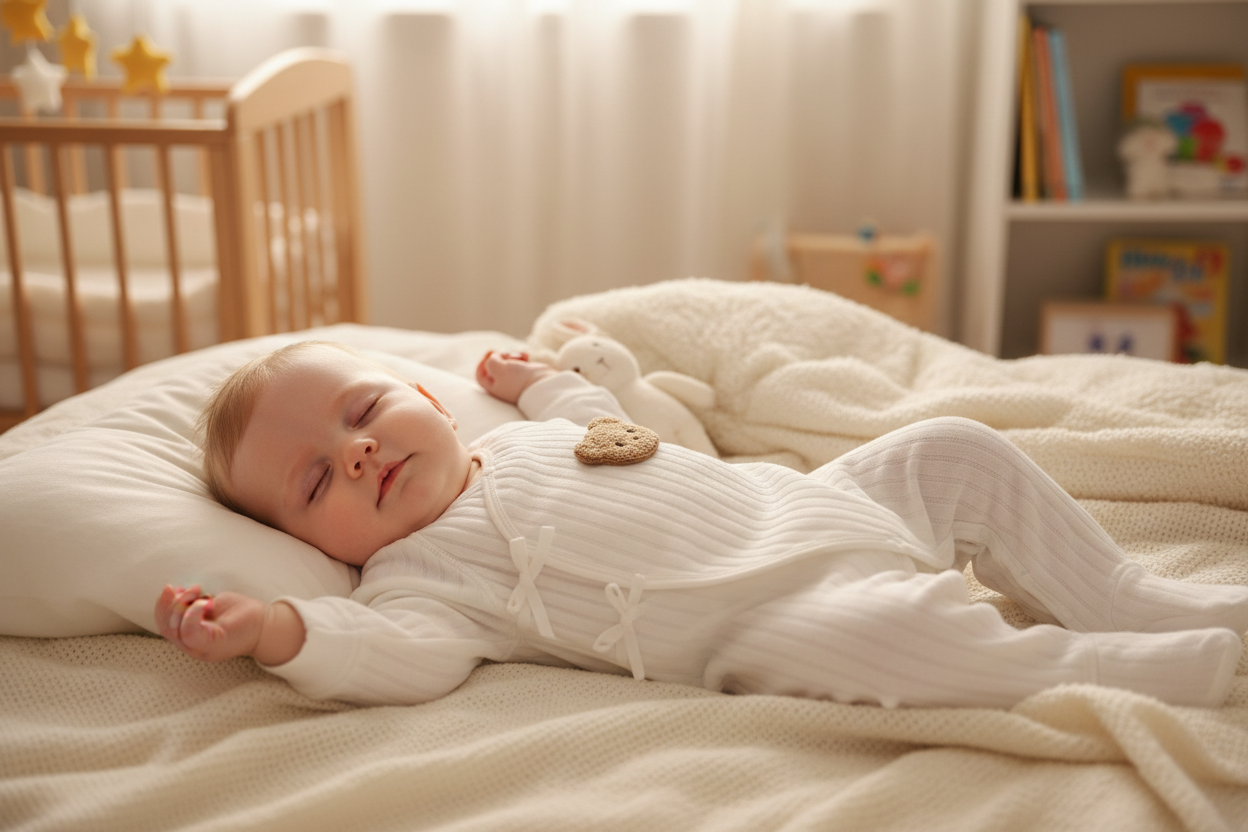 White baby outfit with a bear face design on a light gray background