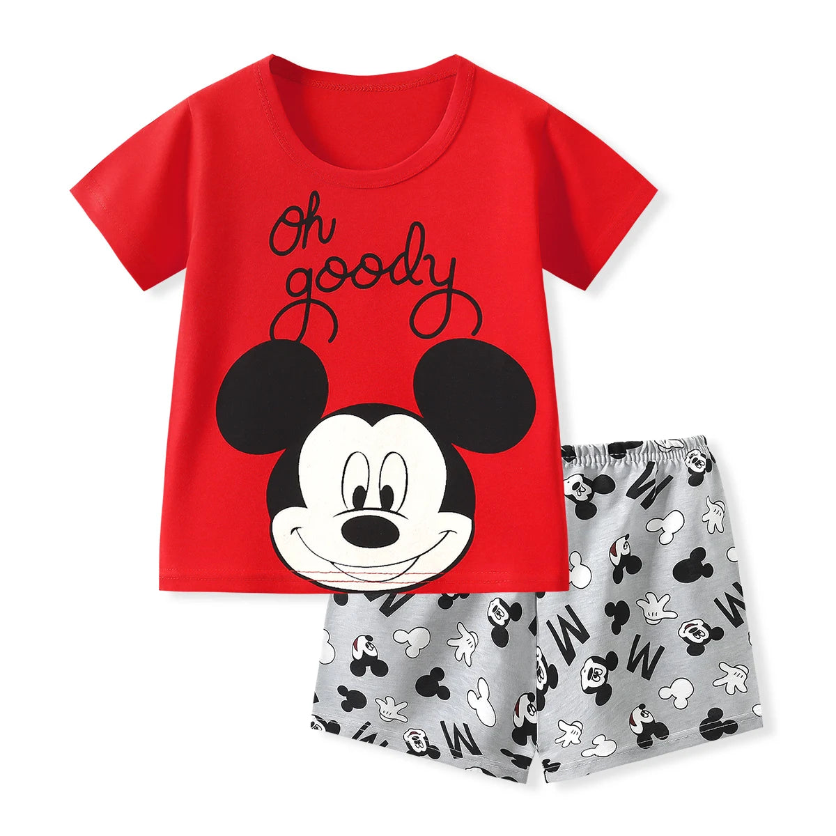 Red t-shirt with Mickey Mouse design and gray shorts with pattern on a white background