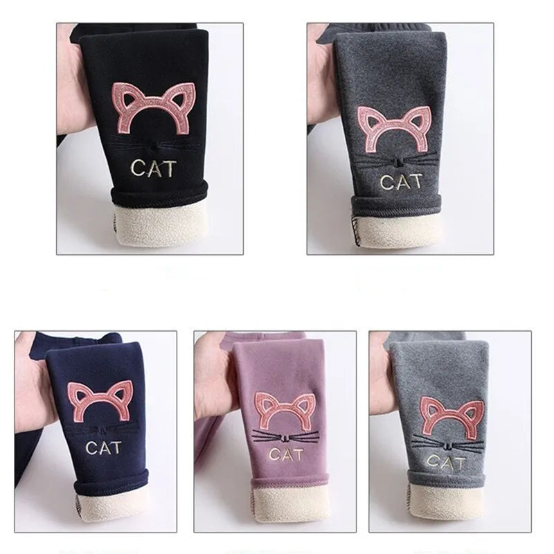 Collage of four images showing black, gray, pink, and purple cat-themed leg warmers with 'CAT' text.