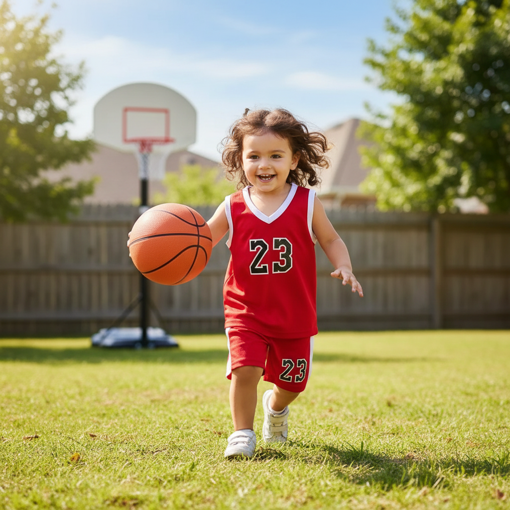 Red basketball jersey and shorts with number 23 on a wooden hanger against a white background