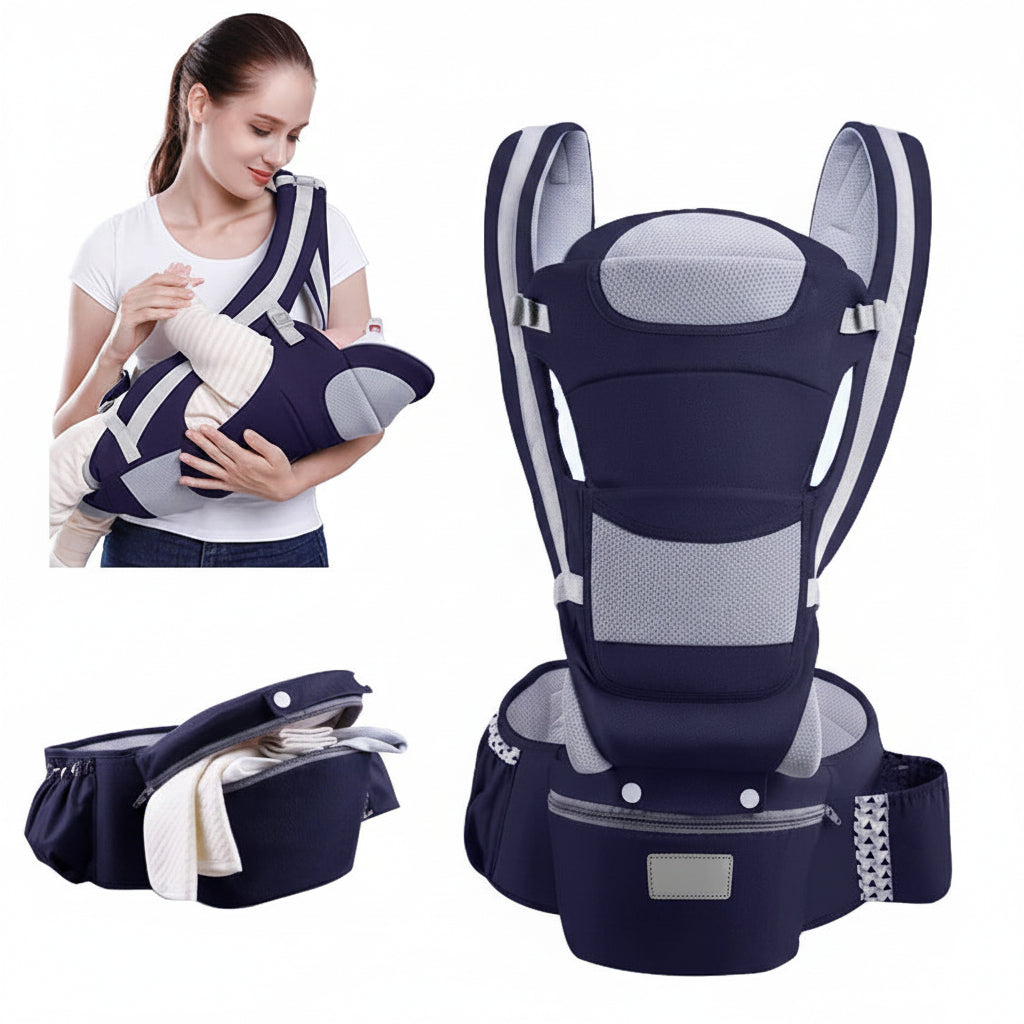 Baby carrier with a woman holding a baby, showing different angles on a white background