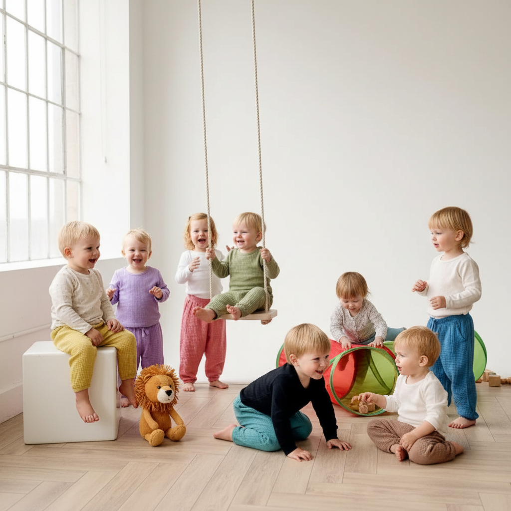 Colorful kids loose pants arranged on a white surface with a wooden floor background.