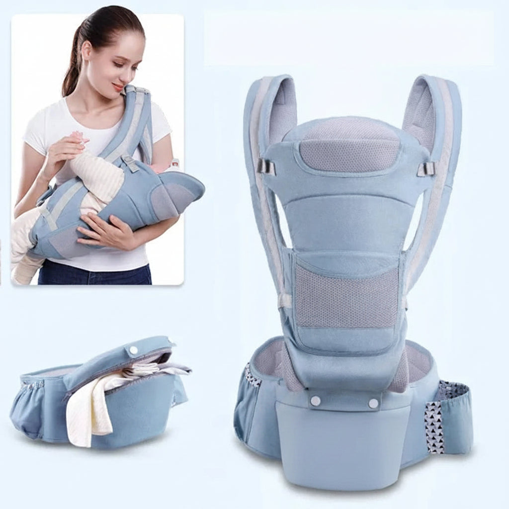 Baby carrier with a woman using it on a white background