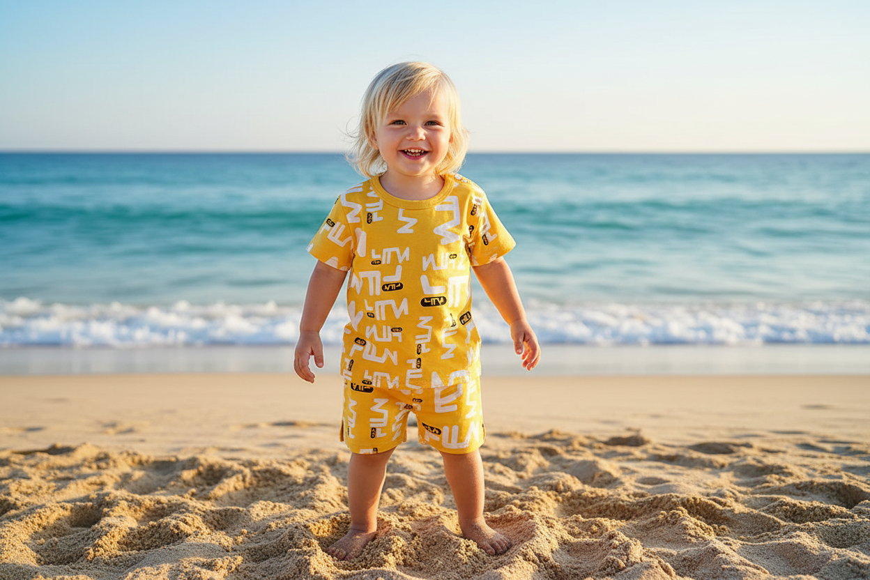 Yellow children's outfit with white text pattern on a dark background