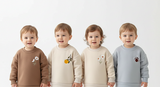 Four sweatpants with embroidered designs on a light gray background