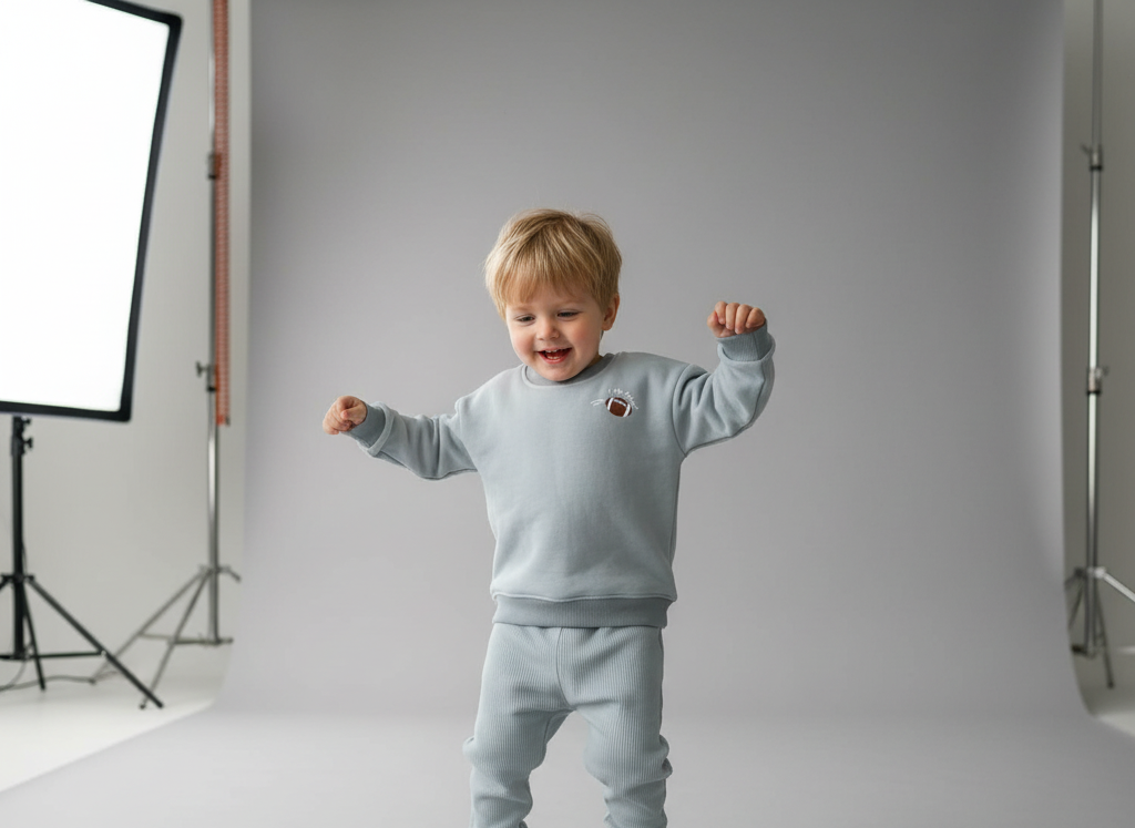 Gray children's sweatshirt with football design and matching pants on a textured surface