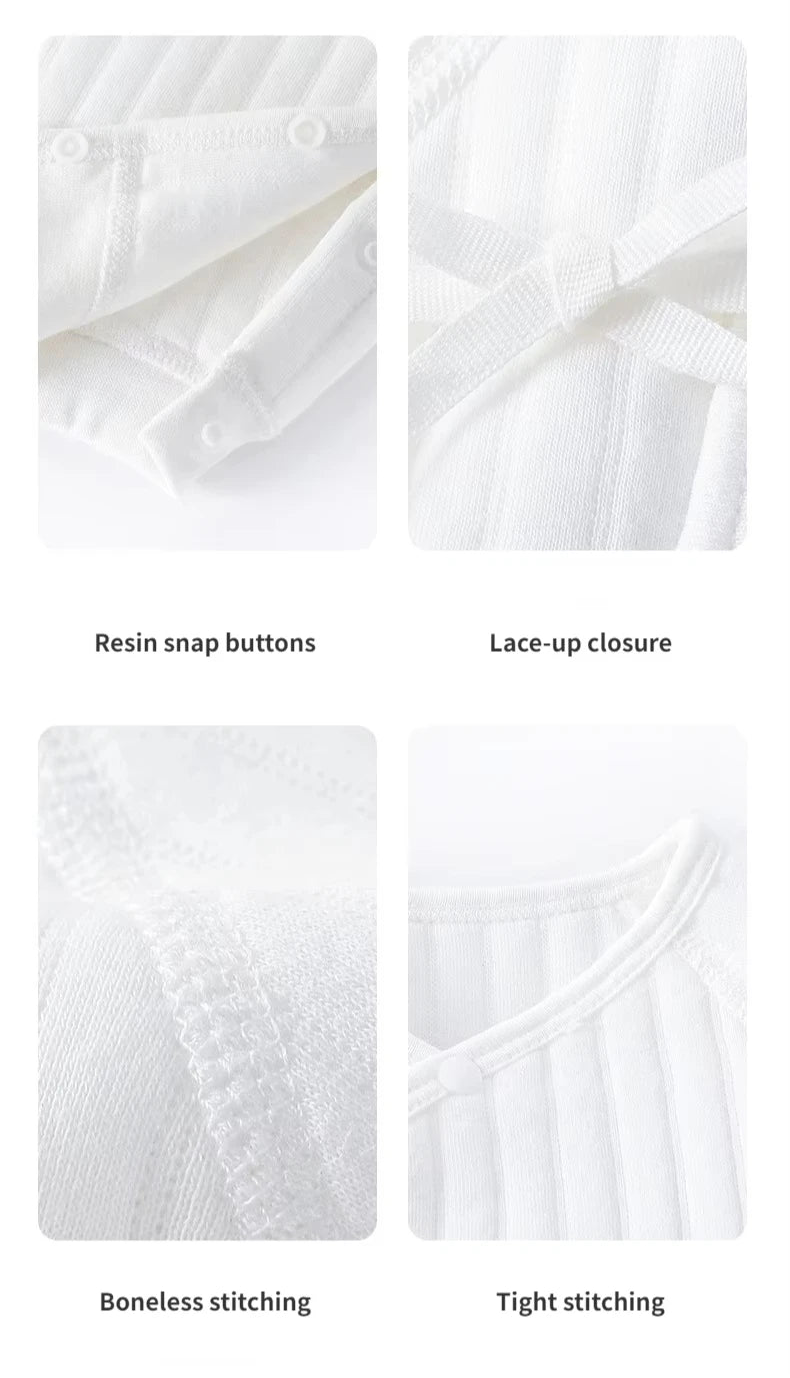 Close-up details of a white garment with resin snap buttons, lace-up closure, boneless stitching, and tight stitching.