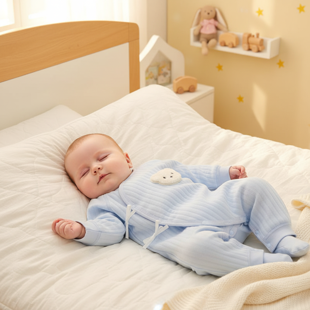 Light blue baby onesie with a bear patch on a light gray background