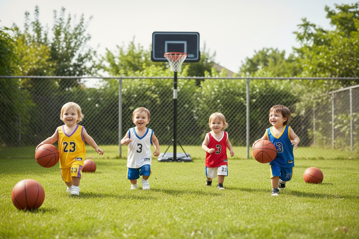 Collection of colorful basketball jerseys and shorts with numbers on a white background