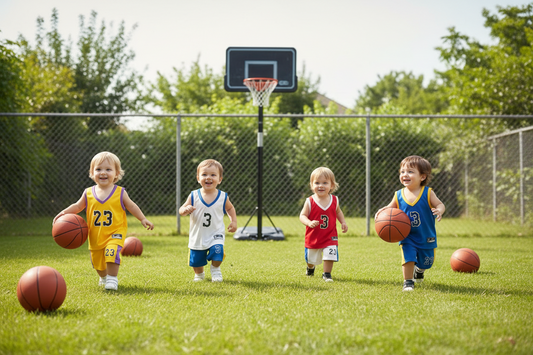 Collection of colorful basketball jerseys and shorts with numbers on a white background