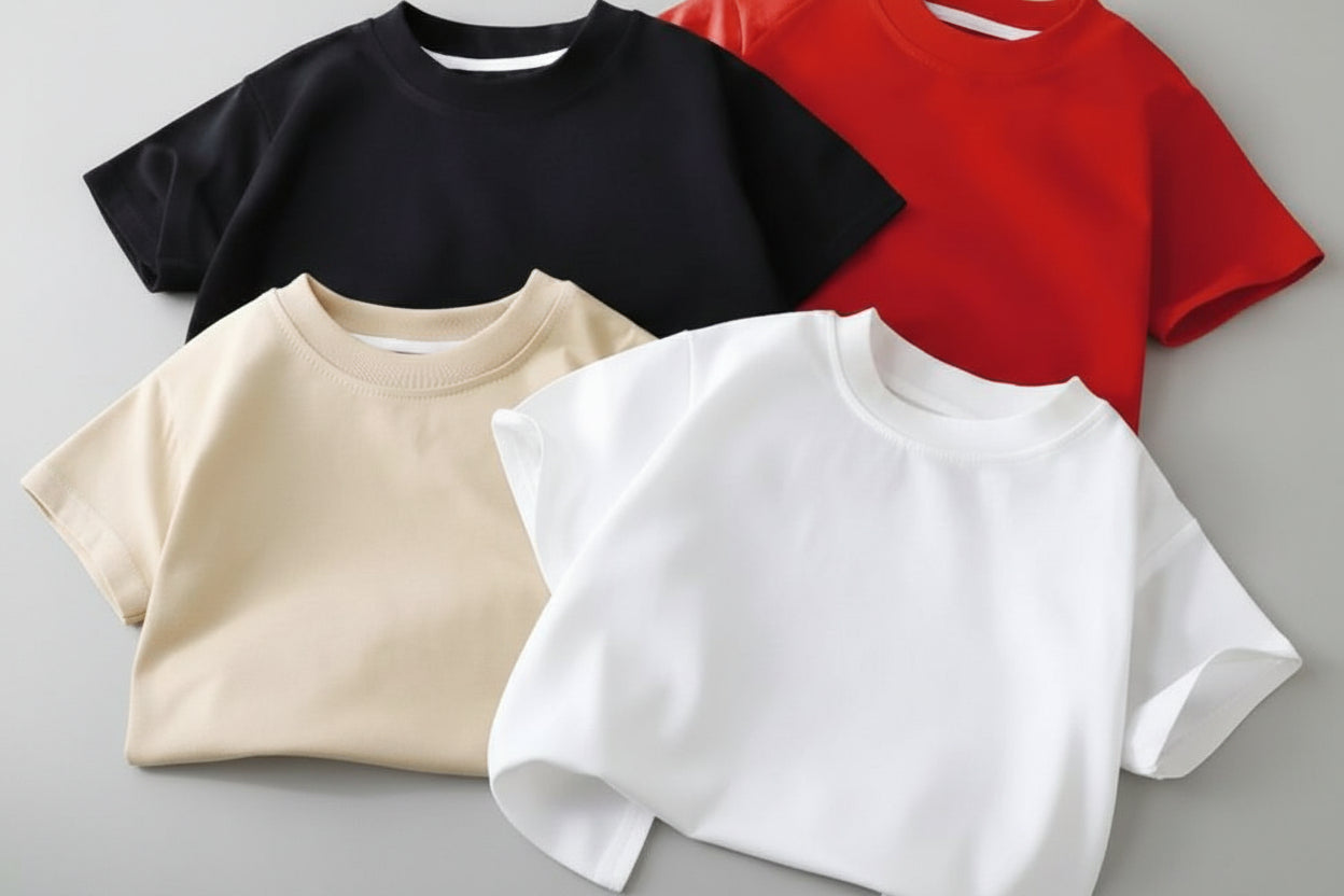 Four shirts in black, red, beige, and white on a wooden chair.