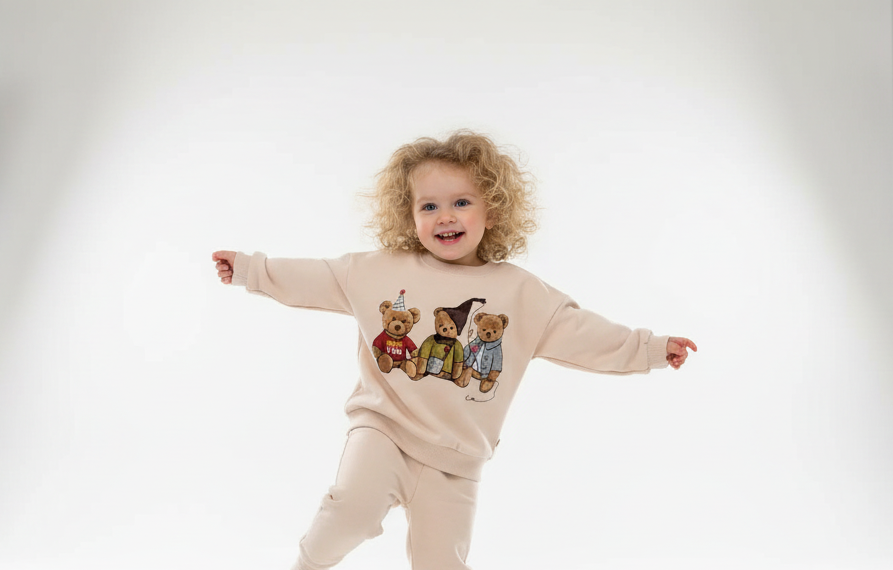 Beige sweatshirt and pants set with teddy bear graphics on a white background