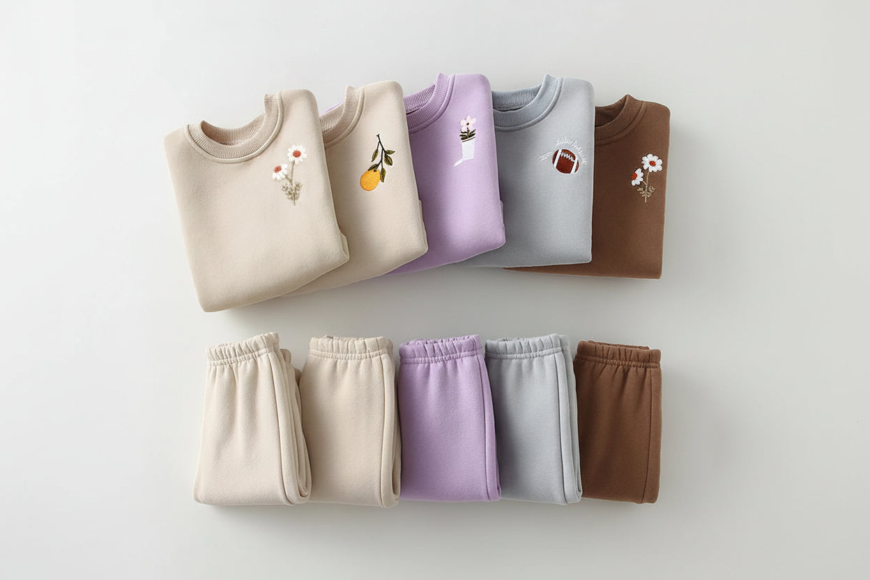 Folded sweatshirts and pants in beige, purple, gray, and brown on a light gray background.