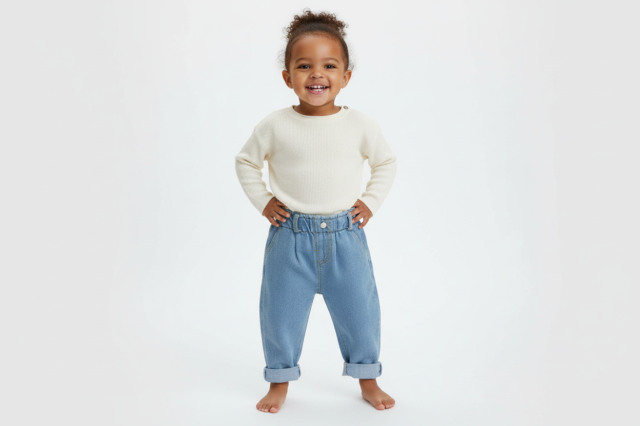 Light blue jeans with rolled-up cuffs on a woven surface