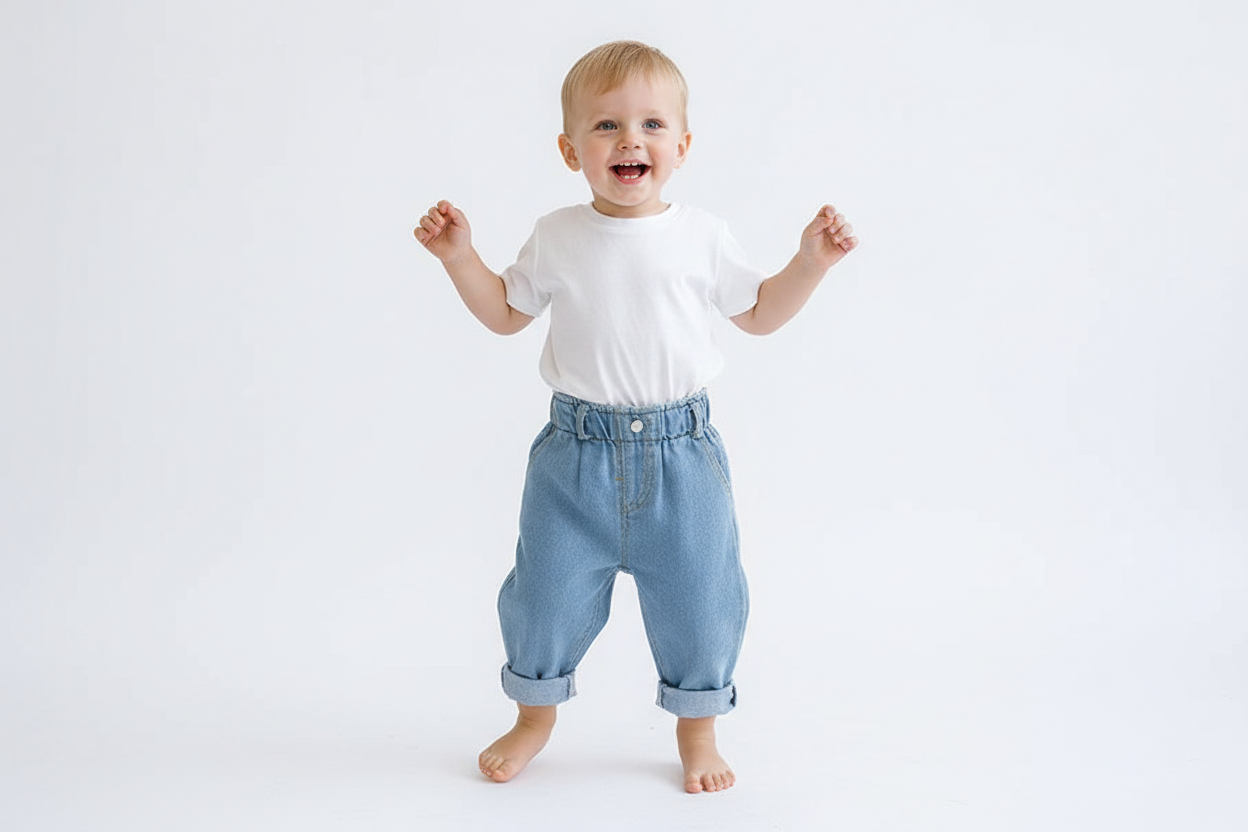 Light blue jeans with rolled-up cuffs on a woven surface