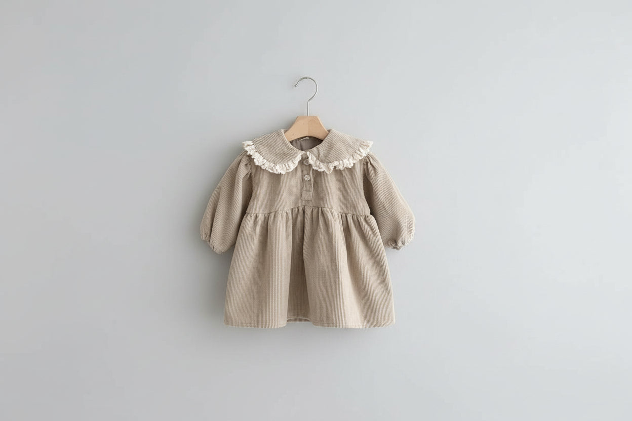 Beige dress with white ruffled collar on a wooden hanger against a neutral background