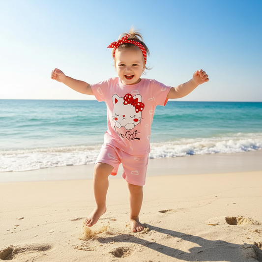 Pink children's outfit with a cartoon cat design on a hanger against a dark background.