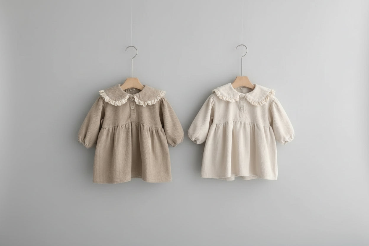 Two children's dresses hanging on wooden hangers against a white wall.