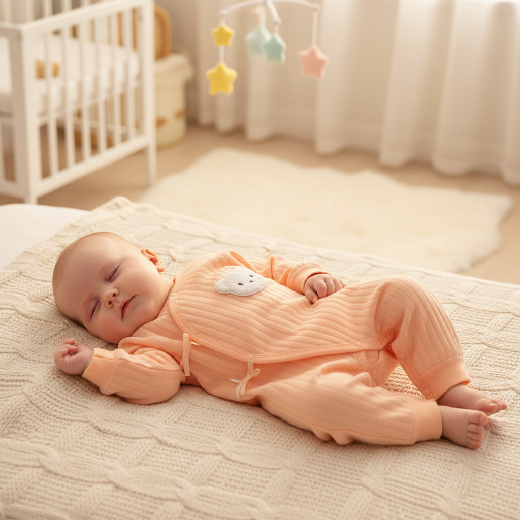 Baby onesie with a bear patch on a light gray background