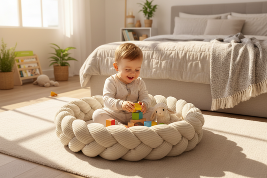 Baby Nest & Play Mat With Crib Bumper Braid - Ecru