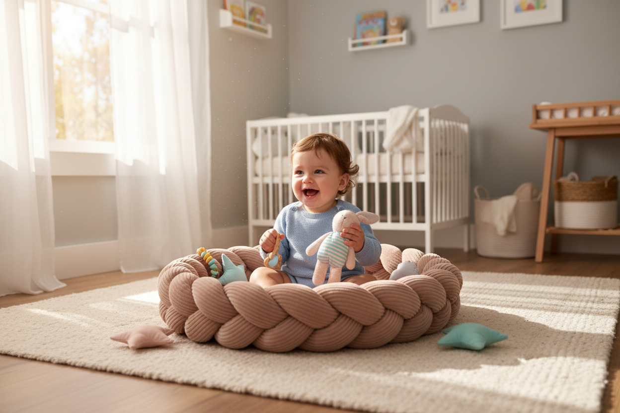 Baby Nest & Play Mat With Crib Bumper Braid - Powder Pink