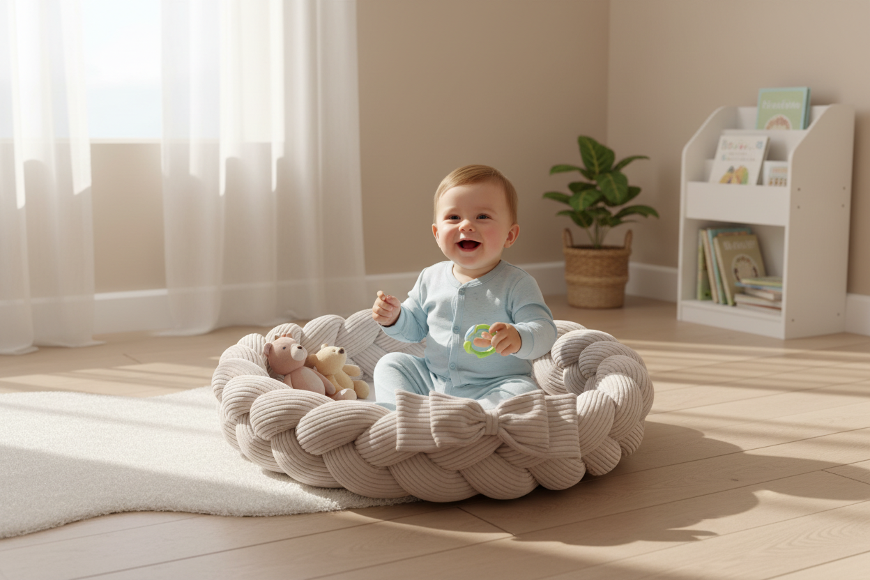 Baby Nest & Play Mat With Crib Bumper Braid - Vanilla