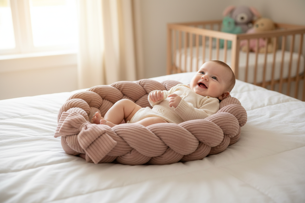Baby Nest With Braided Bumper - Powder Pink