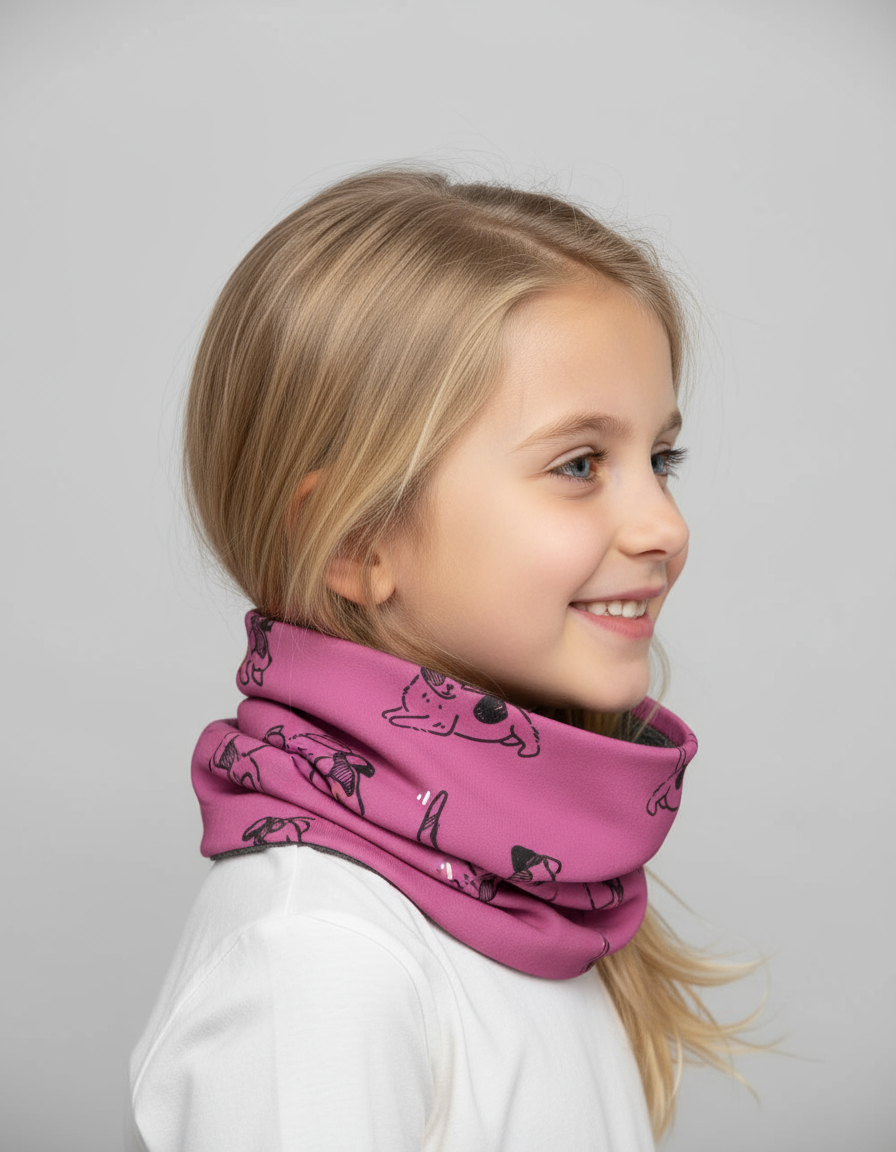 Kids Merino Neck Tube MOKKA - Pink Dogs