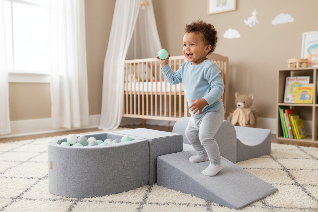 MeowBaby Grey Velvet Playset with Ball Pit - Mint, Gray & White Balls