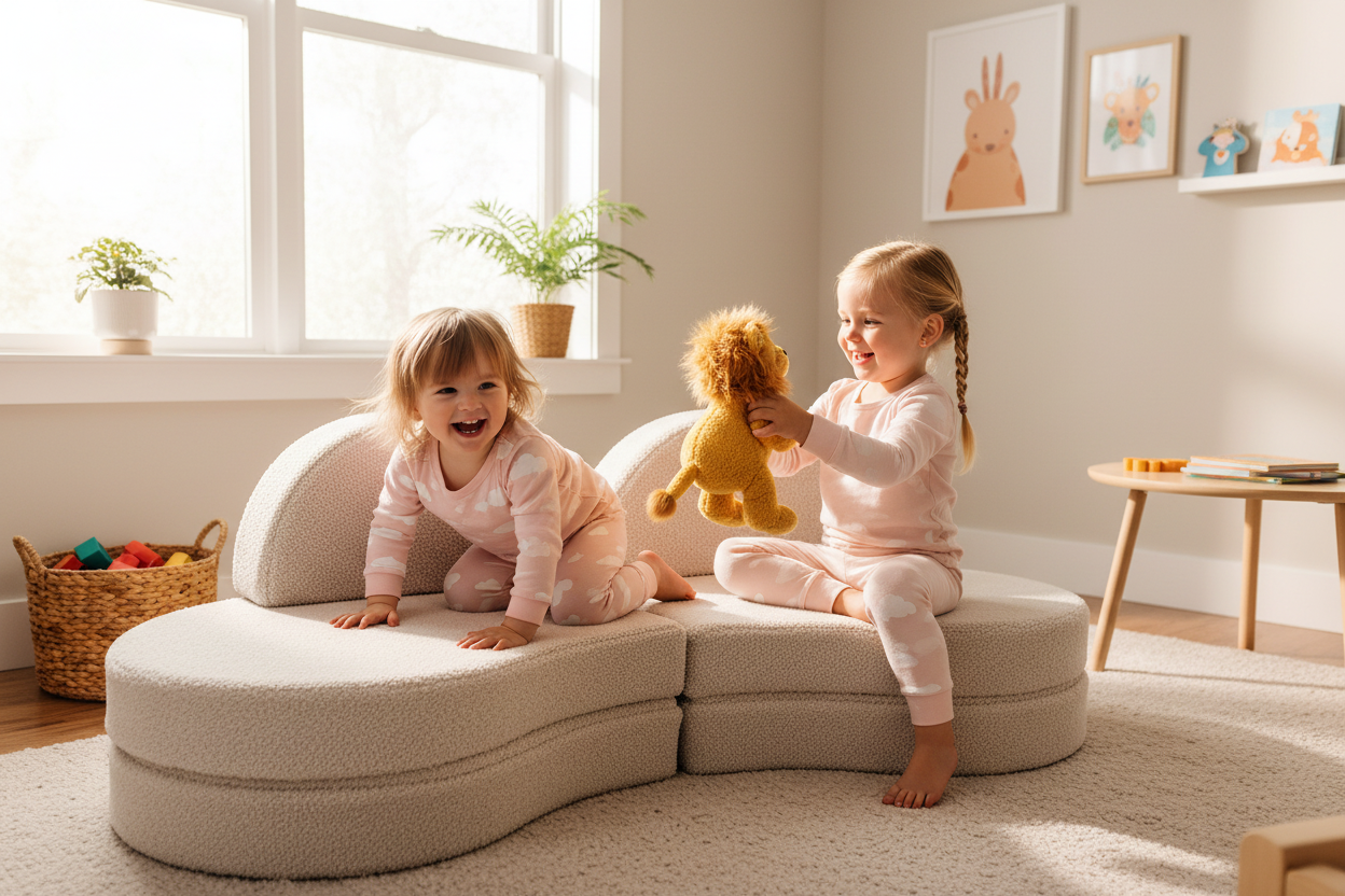 MeowBaby Modular Sofa Coccolo for Kids – 6 Piece, Bearly Off-White