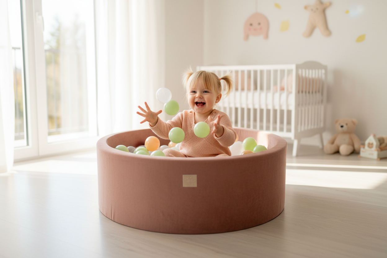 Ball Pit With 200 Light Green/White Pearl/Beige/Transparent balls - Beige Velvet