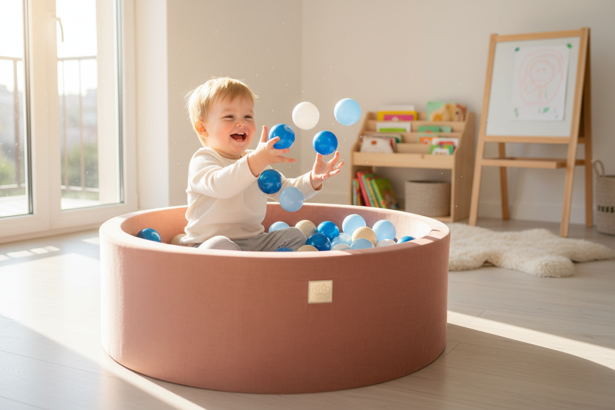 Ball Pit With 200 Blue/White/Beige Balls - Beige Velvet