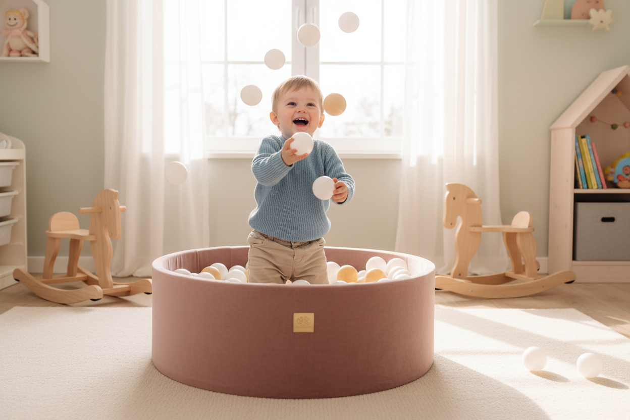 Ball Pit With 200 White/Beige Balls - Beige Velvet