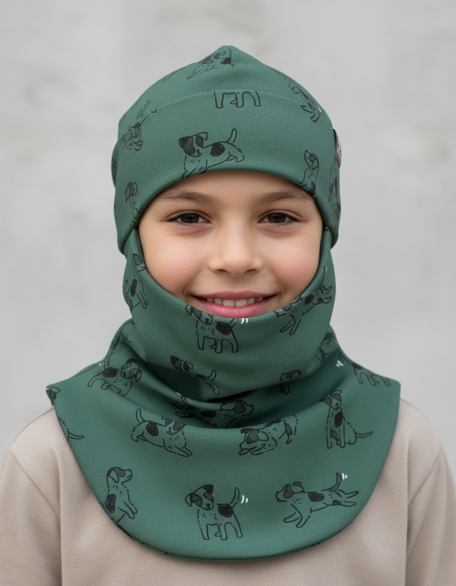 Spring-Fall Kids Balaclava BREDEN - Green Dogs