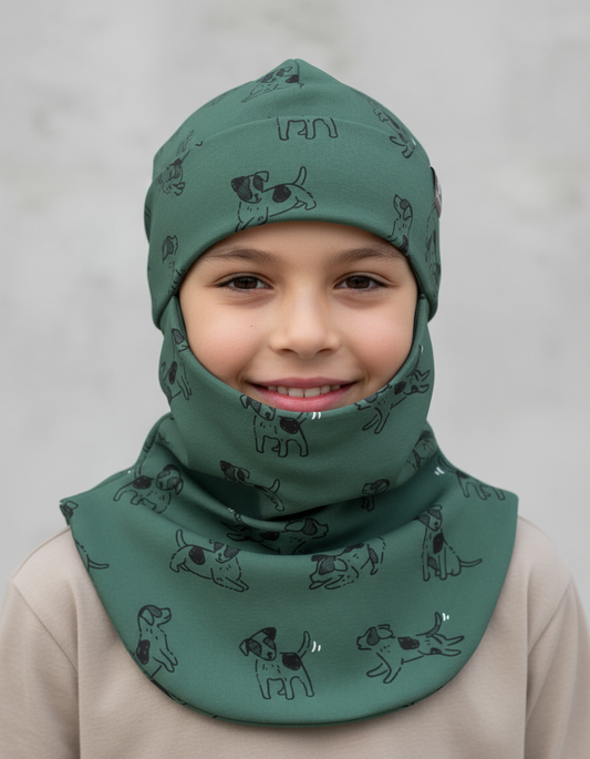Spring-Fall Kids Balaclava BREDEN - Green Dogs